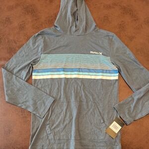 Hurley Boys Long Sleeve Hoodie Gray Stripe Pocket Casual Size L 984625 U3A